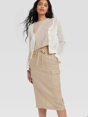 a new day Beige Cargo Drawstring Midi Linen Blend Skirt